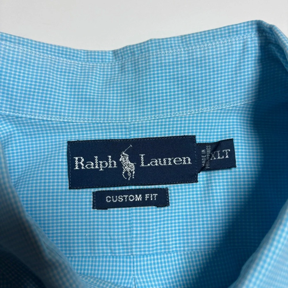 Ralph Lauren Custom Fit Gingham Mens XLT Blue Short Sleeve Button Down Shirt